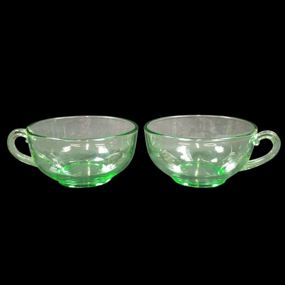 Pair Of 2 Fostoria Green Uranium Glass Teacup Water/Coffee Cups Vintage 1930s - Picture 7 of 9